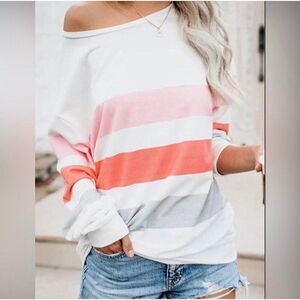 Dew Shoulder Stripe Long Sleeve Sweatshirt Women’s Large White NWOT Lightweight